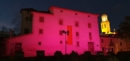 Castell de Cubelles il·luminat de color rosa